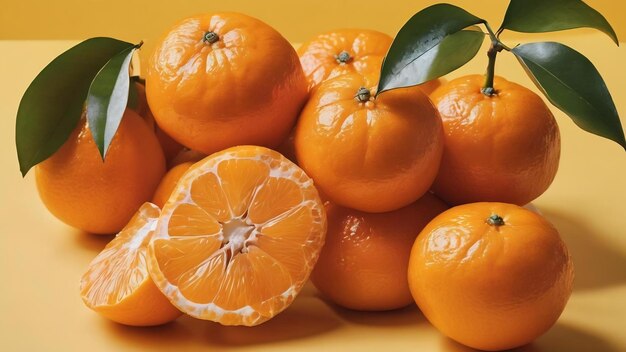 Mandarini gustosi e succosi su sfondo giallo