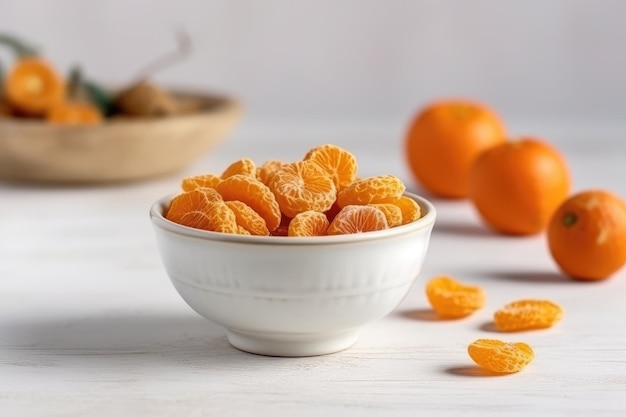 Mandarini secchi in una ciotola bianca su sfondo bianco IA generativa