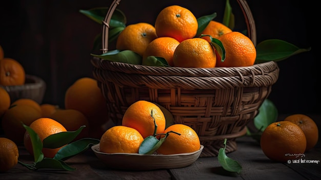 Mandarino fresco in un cesto di bambù con sfondo sfocato