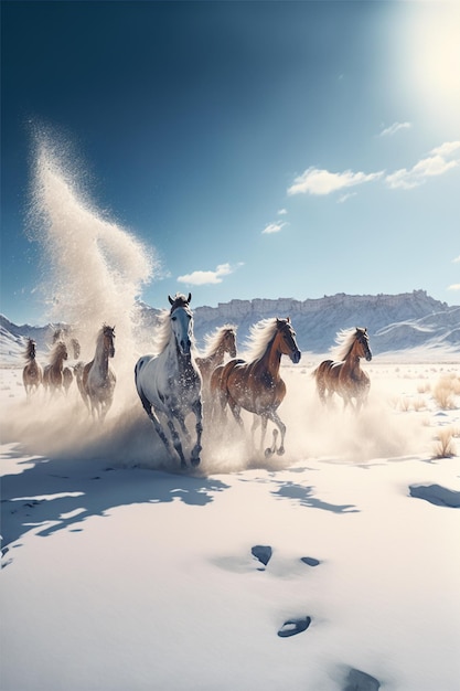 Mandria di cavalli che attraversano un campo innevato ai generativo