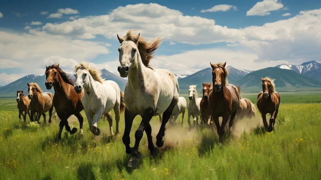 Mandria di cavalli correre nel bellissimo prato verde