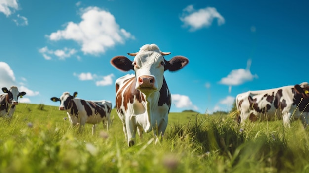 Mandria di mucche in un campo con allevamento sostenibile e mandria di bovini in una fattoria