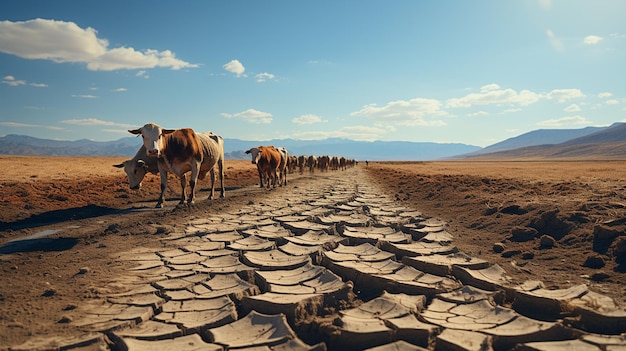 mandria di mucche nel campo di un'acqua calda bianca secca