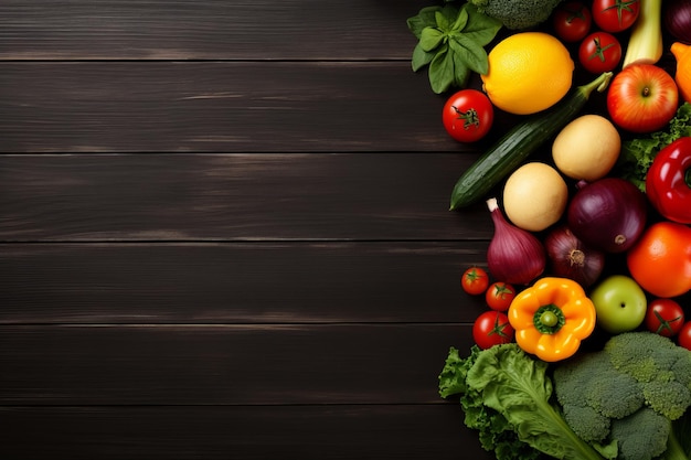 Mangia secondo la tua strada verso la buona salute Frutta e verdura vivaci su un elegante sfondo di legno nero