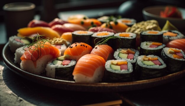 Mangiare sano con pesce fresco e cultura giapponese su un piatto generato dall'intelligenza artificiale