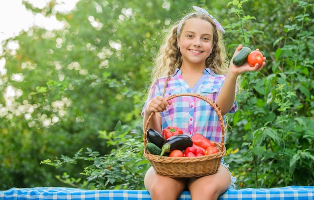 Mangiare sano. Concetto di raccolto estivo. Senza OGM. Concetto di cibo sano. Cestino della tenuta del bambino con il fondo della natura delle verdure. Agricoltura ecologica. Ragazza carina bambino sorridente che vive una vita sana. Uno stile di vita sano.