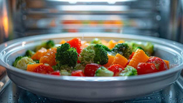 Mangiare sano è facile con le verdure cotte al vapore in un microonde bianco