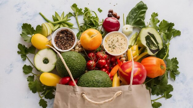 Mangiare sano vista superiore intera borsa di carta cibo sano