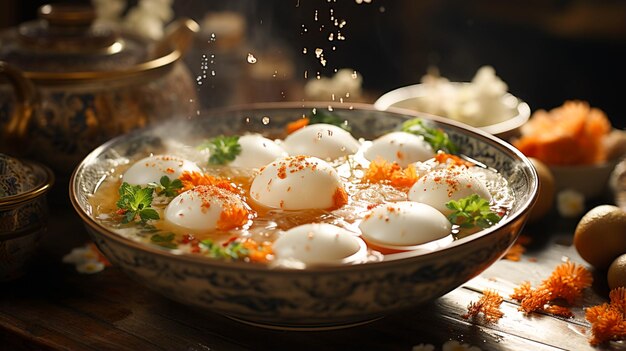 Mangiare un grande tangyuan yuanxiao con una zuppa salata su una ciotola