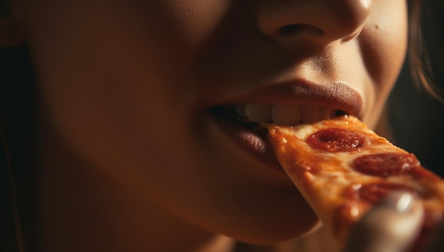 Mangiare una fetta di pizza da vicino bocca mangiare cibo da vicino di persone mano prendere fette di pepperoni