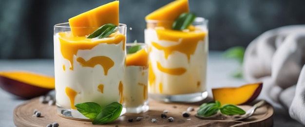 Mango Cheese Milk un dessert fatto di gelatina nata de coco semi di basilico mango crema dolce formaggio e latte