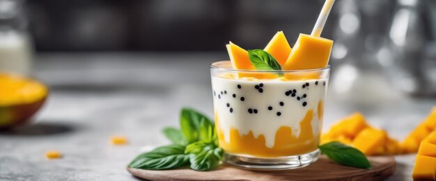 Mango Cheese Milk un dessert fatto di gelatina nata de coco semi di basilico mango crema dolce formaggio e latte