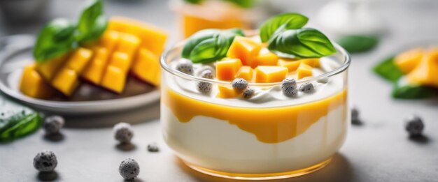 Mango Cheese Milk un dessert fatto di gelatina nata de coco semi di basilico mango crema dolce formaggio e latte