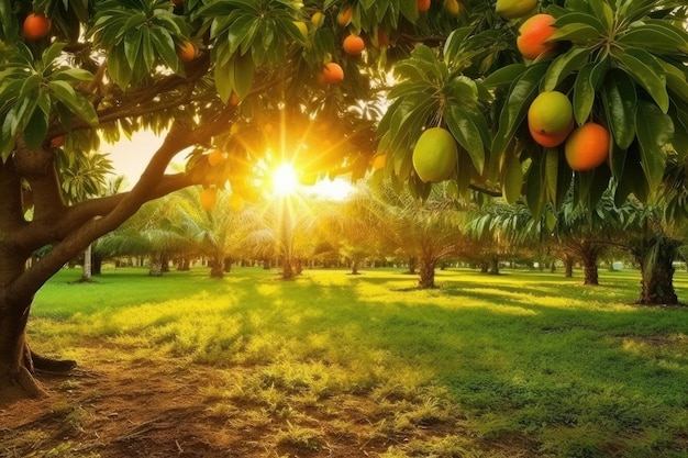 Mango farm gardeningtree coltivazione con frutti tropicali tramonto Generativo Ai