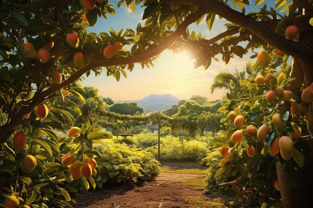 Mango farm gardeningtree coltivazione con frutti tropicali tramonto Generativo Ai