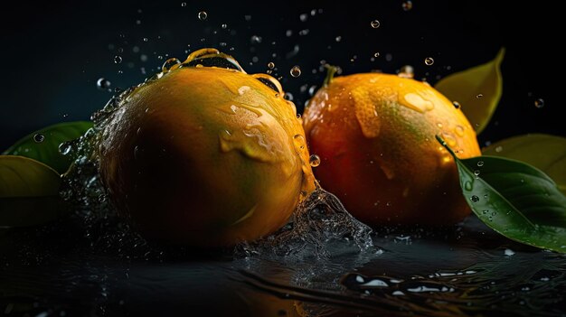 Mango fresco colpito da schizzi d'acqua con sfondo sfocato nero