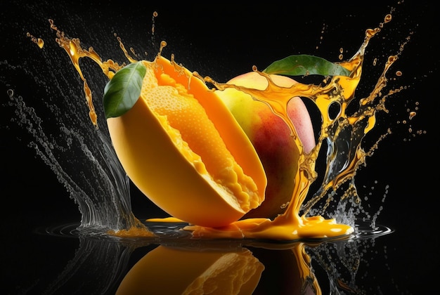 Mango fresco con spruzzi d'acqua isolato su sfondo nero ai generativo