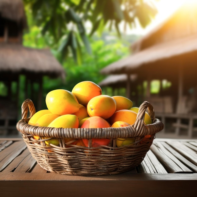 Mango fresco e succoso nel cesto di legno