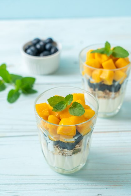 mango fresco fatto in casa e mirtillo fresco con yogurt e muesli - stile di cibo sano