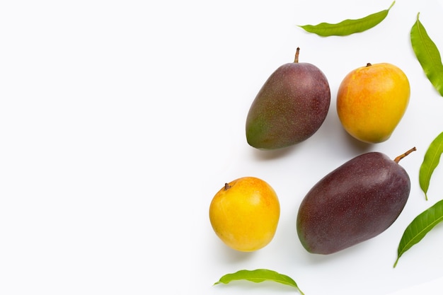 Mango, frutta tropicale con foglie su sfondo bianco. Vista dall'alto