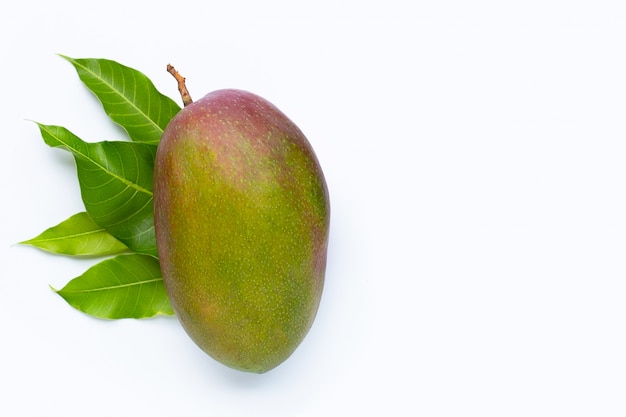 Mango, frutta tropicale con foglie su sfondo bianco. Vista dall'alto