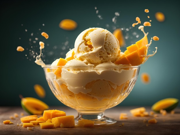 Mango gelato galleggiante delizioso rinfrescante dessert congelato fresco mango puree gelato crema di latte