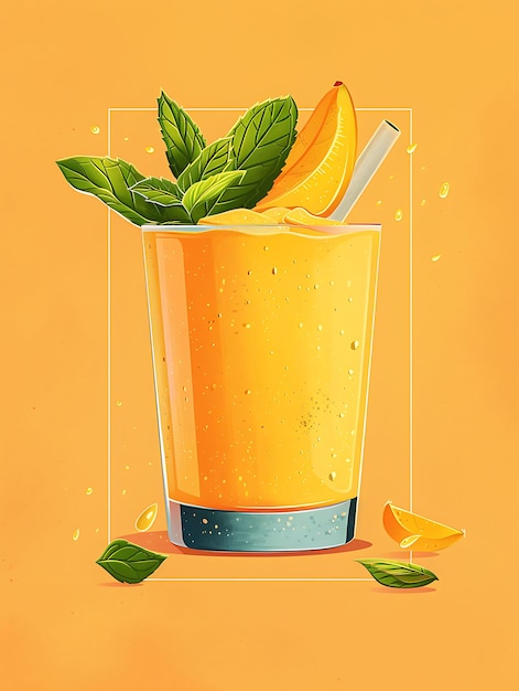 Mango Lassi Poster di bevande con mango maturo e foglie di menta Bri Illustrazione Cibo Bevande Gosti indiani
