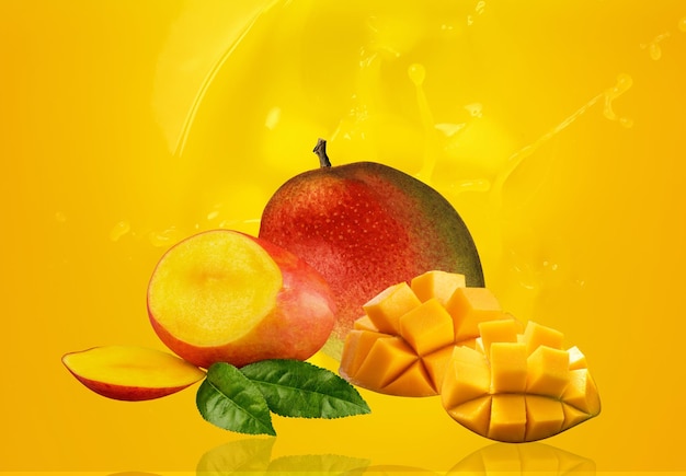 Mango luminosi e succosi esposti con fette fresche e succo rinfrescante su uno sfondo giallo dorato