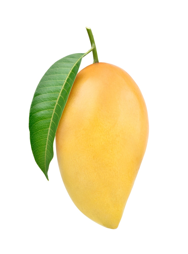 Foto mango maturo con foglia verde isolato su bianco