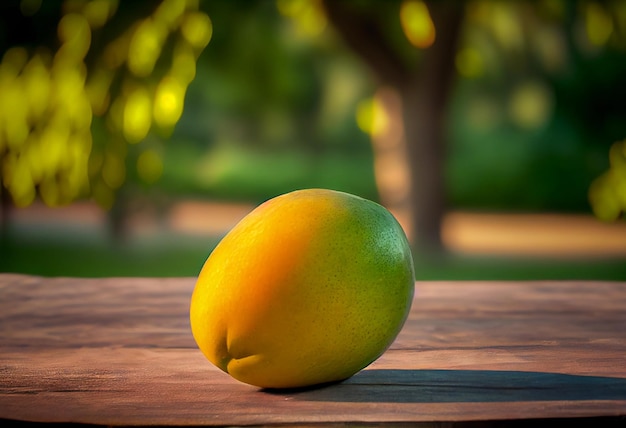 Mango maturo su un tavolo di legno sullo sfondo di un giardino verde