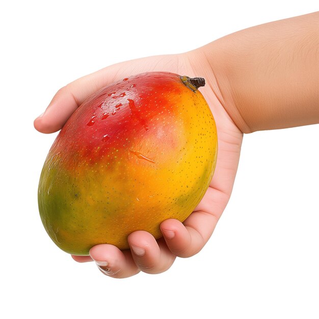 Mango nella mano di un bambino isolato su uno sfondo bianco o trasparente primo piano del lato della mano di mango