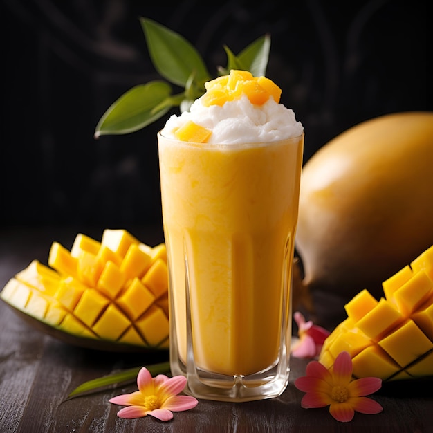 Mango smoothie in un bicchiere alto con fette di frutta di mango fresca e fiori tropicali su tavolo di legno Bevanda tropicale cremosa su sfondo scuro Close Up di bevanda di mango AI