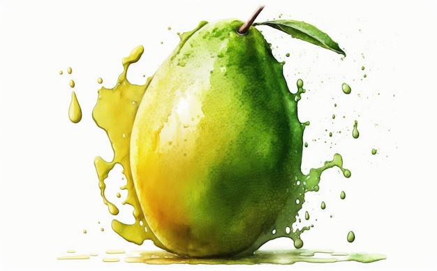 Mango verde disegnato su sfondo bianco acquerello frutta esotica tropicale alimenti biologici ai generati