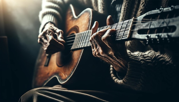 Mani anziane che suonano la chitarra d'epoca Un primo piano dell'arte musicale