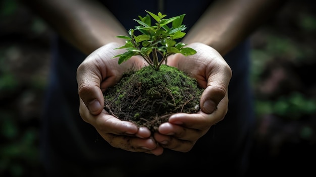 Mani che cullano una terra verde da cui emergono germogli di piante