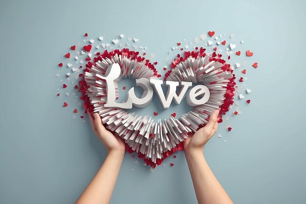 Mani che fanno forma di cuore con 3D Love Text rendering 3D