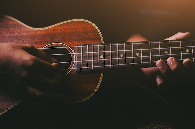 Mani che giocano la chitarra acustica delle ukulele. Spettacolo di abilità musicali