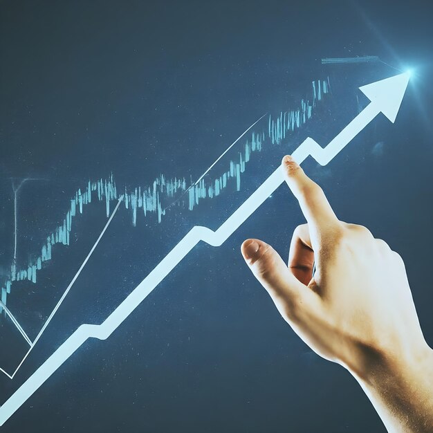 Mani che indicano un grafico digitale astratto verso l'alto freccia su sfondo blu concetto finanziario