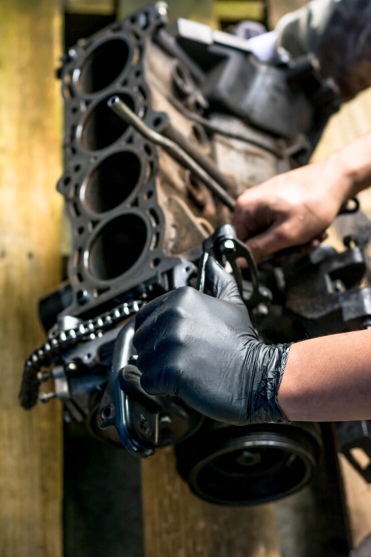 Mani che lavorano in un motore di automobile. Pulizia del motore di un'auto. Officina meccanica