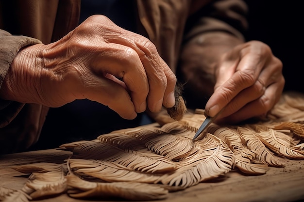 Mani che lavorano su una scultura in legno con piume