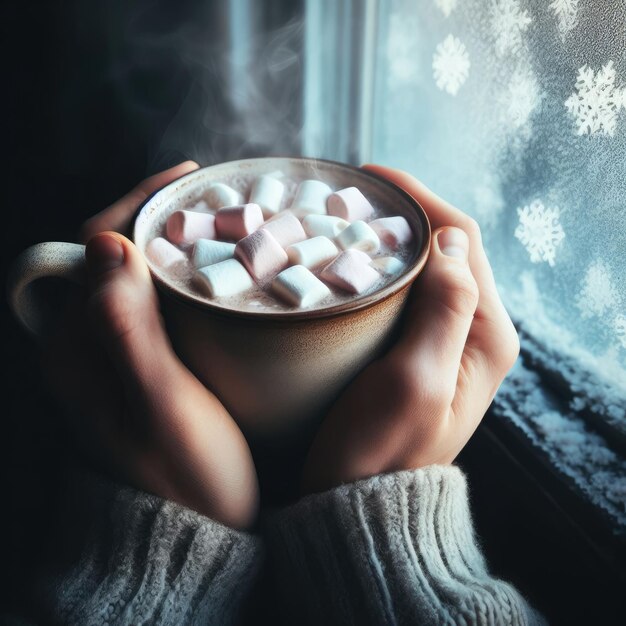 Mani che mangiano una tazza fumosa di cacao caldo adornata con marshmallows