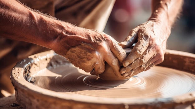 Mani che modellano l'argilla su una ruota di ceramica lavorando con abilità