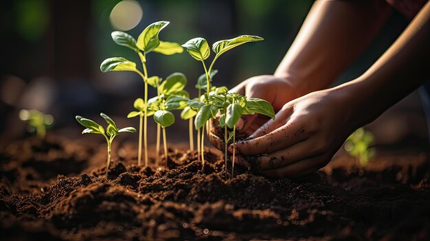 Mani che nutrono il suolo per la crescita delle piante Agricoltura concetto di giardinaggio ed ecologia Mani femminili del