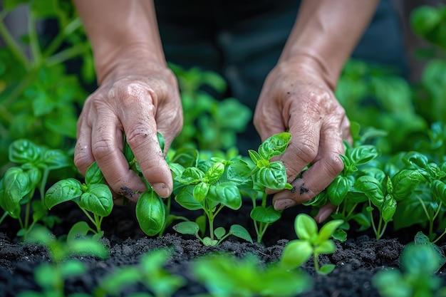 mani che piantano erbe o verdure in un piccolo giardino sul retro ai generato