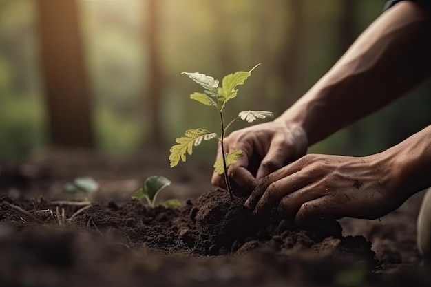 Mani che piantano un seme nel terreno di una foresta Primo piano ai generativo