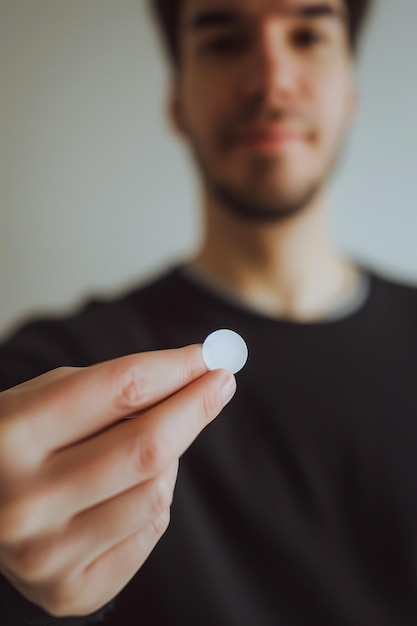 Mani che presentano un adesivo circolare bianco vuoto messa a fuoco selettiva persona sfocata nello sfondo copia