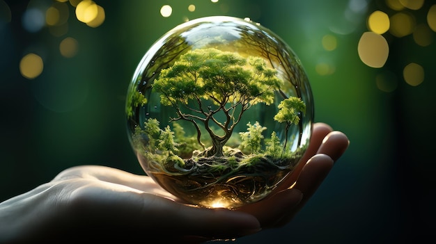 Mani che proteggono il globo di un albero verde sull'ai generativa dello sfondo estivo della natura tropicale