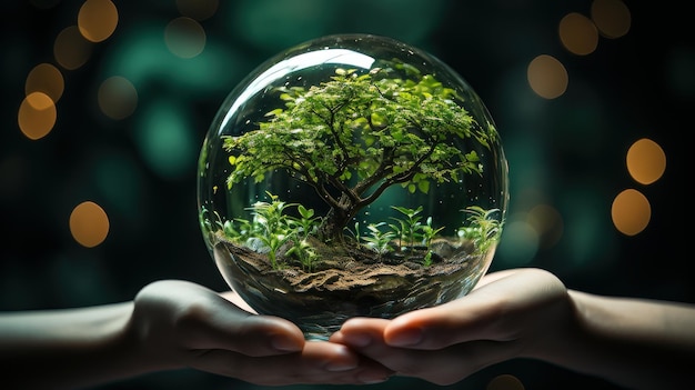 Mani che proteggono il globo di un albero verde sull'ai generativa dello sfondo estivo della natura tropicale