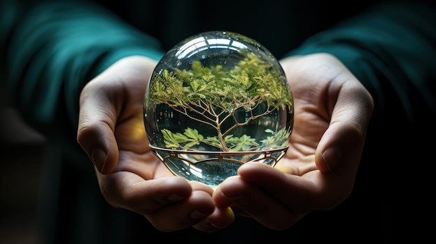 Mani che proteggono il globo di un albero verde sull'ai generativa dello sfondo estivo della natura tropicale