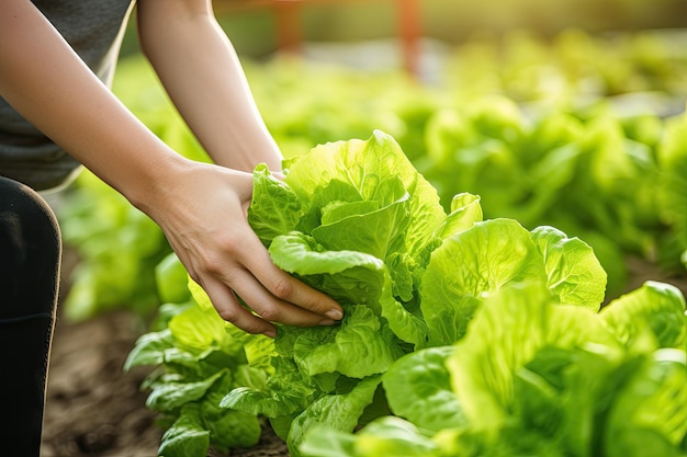 mani che raccolgono lattuga verde nell'orto